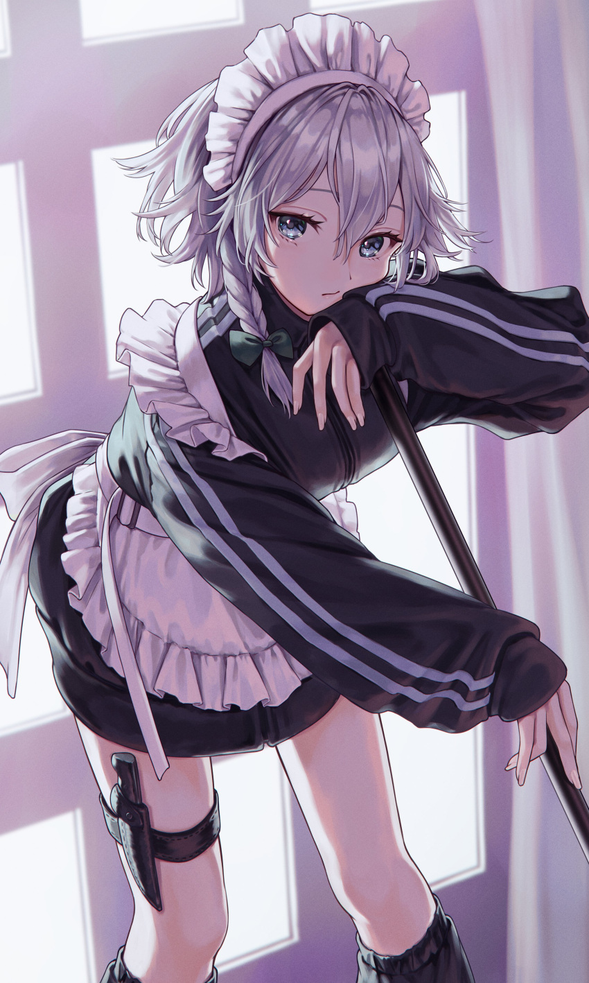 1girl absurdres apron black_dress blue_eyes bored bow braid dress green_bow grey_hair hair_bow highres izayoi_sakuya looking_at_viewer maid maid_apron maid_headdress single_braid solo torinari_(dtvisu) touhou track_suit unconventional_maid white_apron