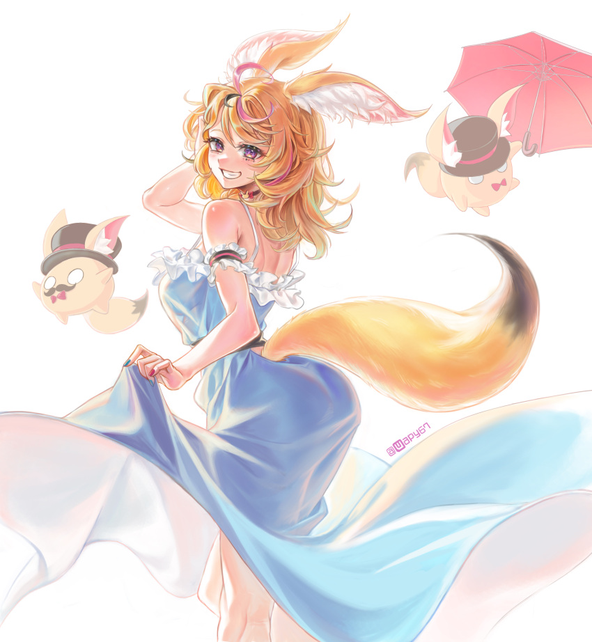 1girl absurdres alternate_costume animal_ear_fluff animal_ears antenna_hair ass bare_shoulders blonde_hair blue_dress dress fox_ears fox_girl fox_tail grin highres hololive long_hair looking_back multicolored_hair multicolored_nails omaru_polka purple_eyes simple_background smile solo_focus streaked_hair sundress tail tail_through_clothes virtual_youtuber white_background wuest zain_(omaru_polka)