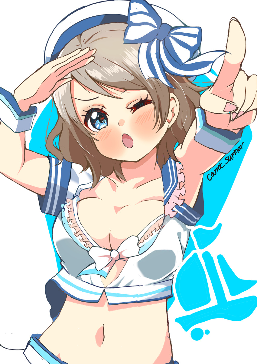 1girl absurdres armpits arms_up blue_eyes blush breasts brown_hair carrot_summer collarbone hair_ornament hat highres love_live! love_live!_sunshine!! midriff ribbon salute simple_background stomach watanabe_you wavy_hair