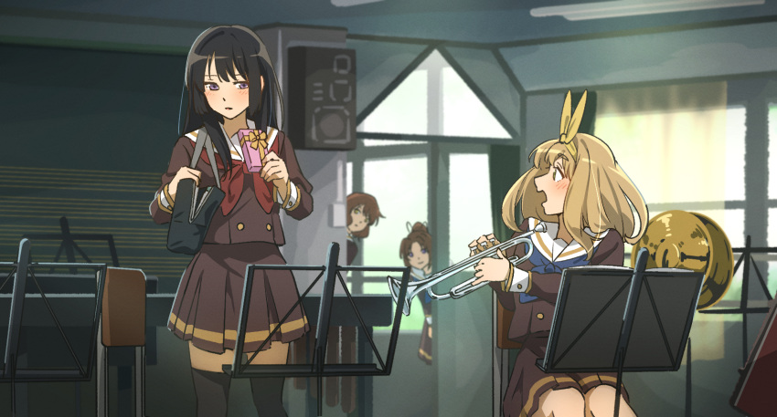 black_hair black_thighhighs blue_eyes blue_neckerchief blush brown_hair brown_serafuku brown_shirt brown_skirt commentary_request cymbals fuyuhino green_eyes hair_ribbon hibike!_euphonium highres holding holding_instrument implied_yuri indoors instrument kitauji_high_school_uniform kousaka_reina long_sleeves nakagawa_natsuki neckerchief open_mouth oumae_kumiko peeking pleated_skirt purple_eyes red_neckerchief ribbon sailor_collar school_uniform serafuku shirt short_hair sitting skirt speaker standing thighhighs trumpet white_sailor_collar yellow_ribbon yoshikawa_yuuko zettai_ryouiki