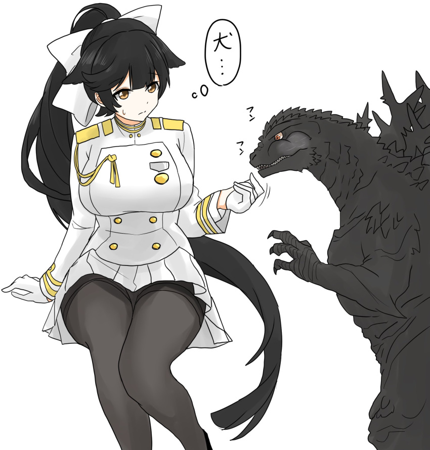 black_hair bow commentary_request elbow_spikes extra_ears giant giant_monster gloves godzilla godzilla_(minus_one) hair_bow hair_ears hair_flaps highres ibuki_(tulta_icon) kaijuu military_uniform monster pantyhose personification ponytail ribbon simple_background spines takao_(azur_lane) thighband_pantyhose uniform white_background white_bow white_gloves white_ribbon yellow_eyes