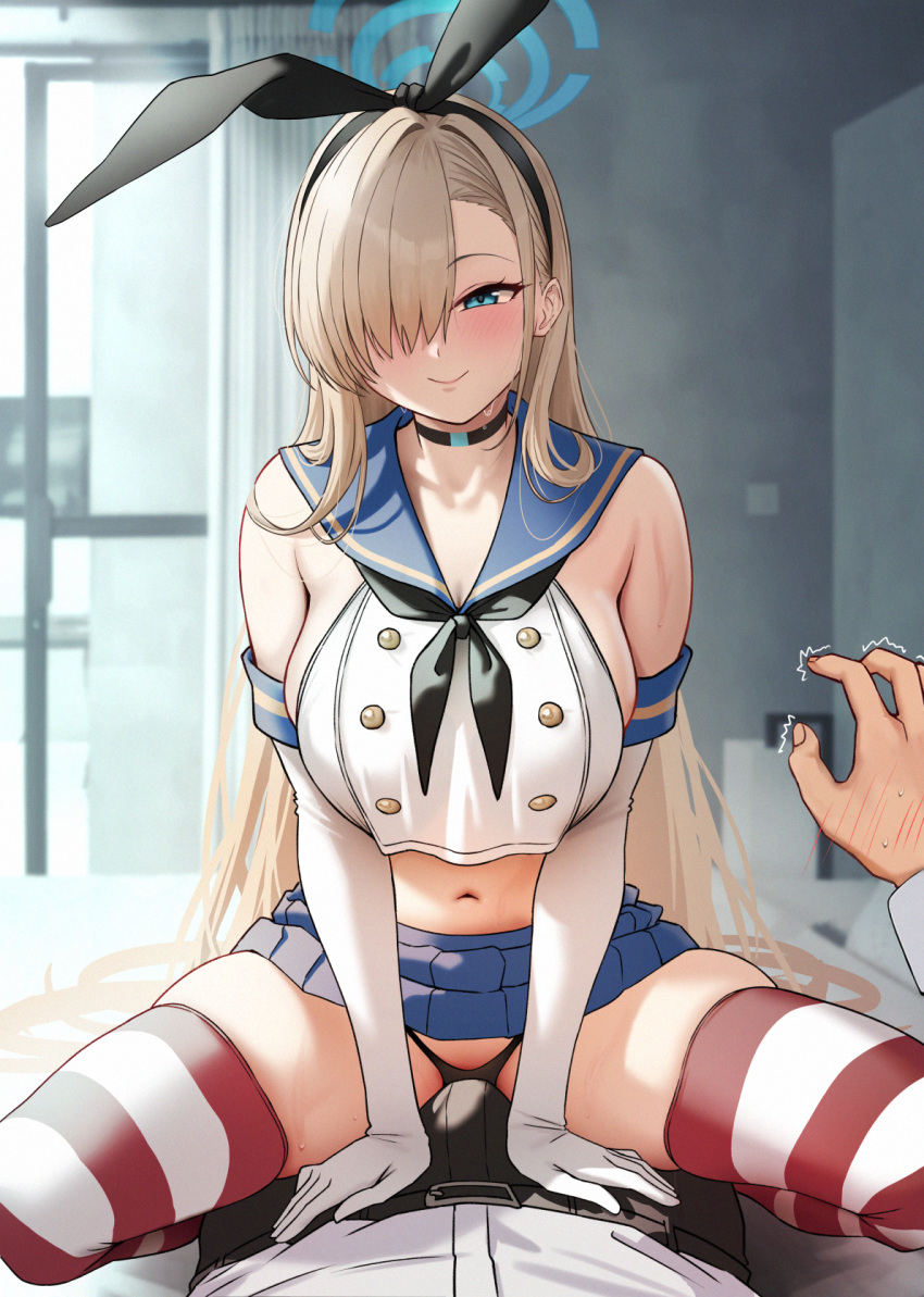 1boy 1girl asuna_(blue_archive) black_hairband black_neckerchief black_panties blonde_hair blue_archive blue_eyes blue_halo blue_sailor_collar blue_skirt breasts bulge choker commentary_request cosplay crop_top crop_top_overhang elbow_gloves erection erection_under_clothes girl_on_top gloves hair_over_one_eye hairband halo hetero highres indoors kantai_collection large_breasts long_hair looking_at_viewer microskirt navel neckerchief panties pov sailor_collar sensei_(blue_archive) shimakaze_(kancolle) shimakaze_(kancolle)_(cosplay) sitting skindentation skirt smile solar_(happymonk) solo_focus squatting_cowgirl_position straddling striped_clothes striped_thighhighs thighhighs underwear white_gloves