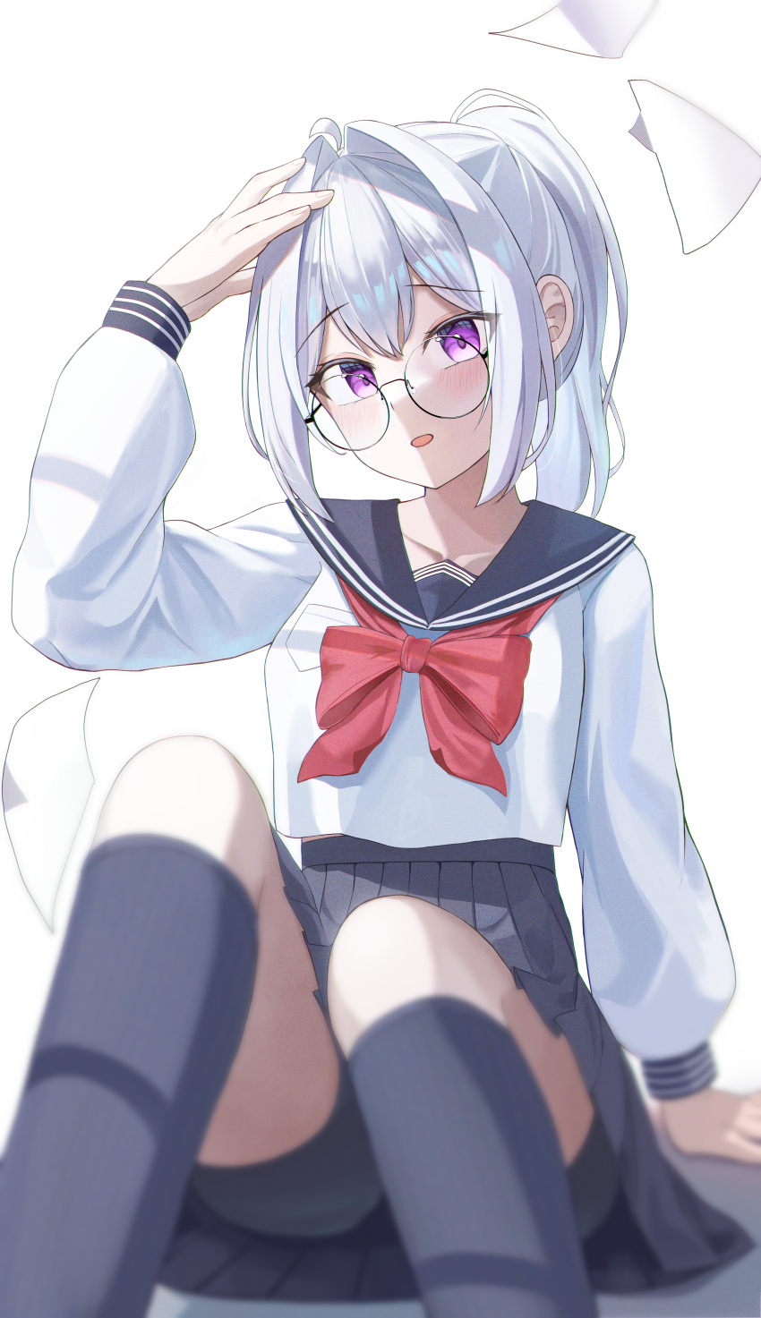 1girl absurdres arch_a4 black_skirt black_socks blue_sailor_collar commentary glasses grey_hair hand_up highres ine_(vtuber) kneehighs long_hair long_sleeves looking_at_viewer neckerchief open_mouth pleated_skirt ponytail purple_eyes red_neckerchief round_eyewear sailor_collar school_uniform serafuku shirt simple_background sitting skirt socks solo virtual_youtuber waktaverse white_background white_shirt