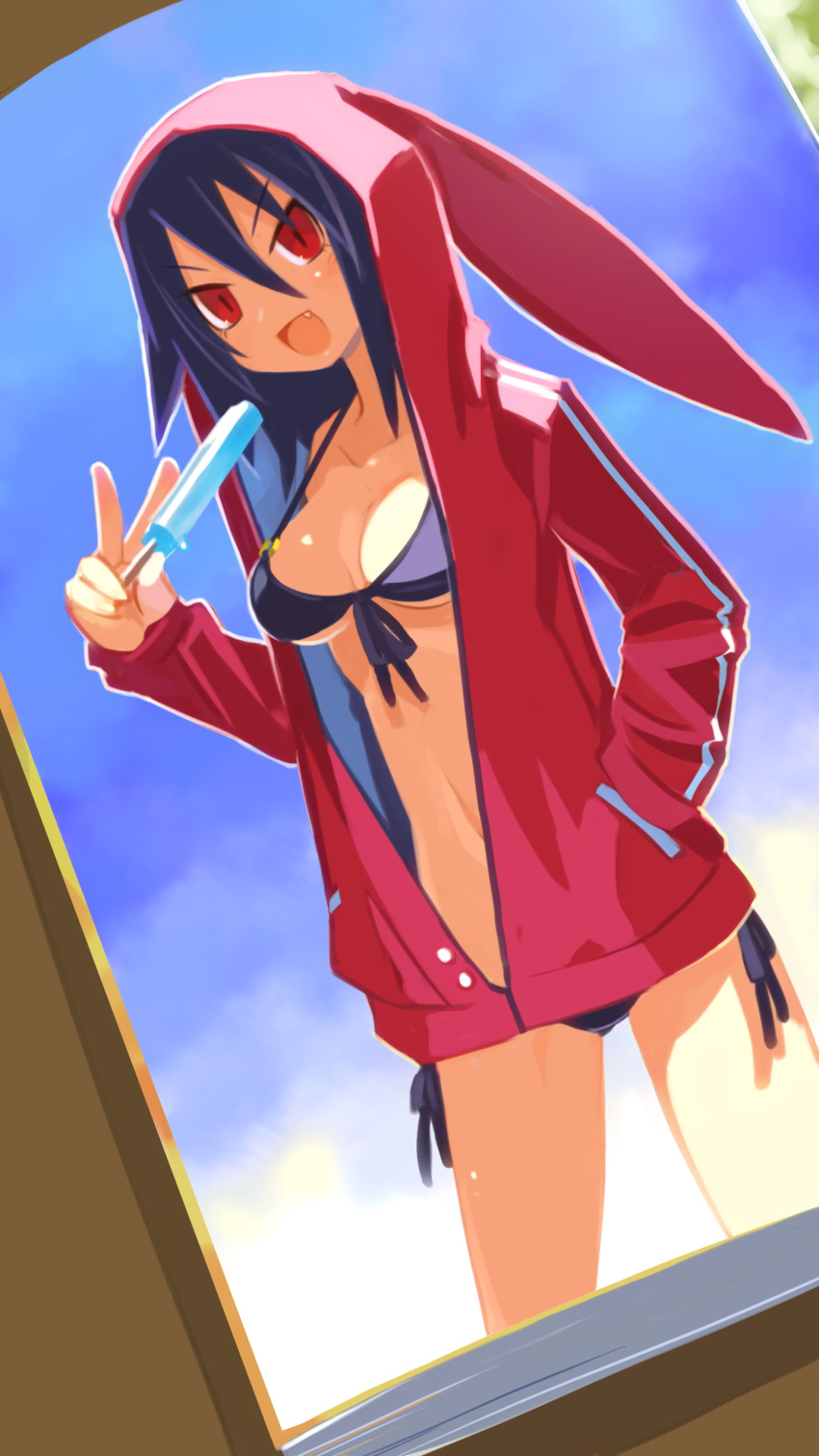 1girl absurdres animal_ears bikini disgaea fake_animal_ears fang food front-tie_top hair_between_eyes hand_in_pocket harada_takehito highres holding holding_food holding_popsicle hood hood_up hoodie long_sleeves non-web_source official_art open_mouth photoshop_(medium) popsicle red_eyes side-tie_bikini_bottom single_vertical_stripe slit_pupils solo swimsuit