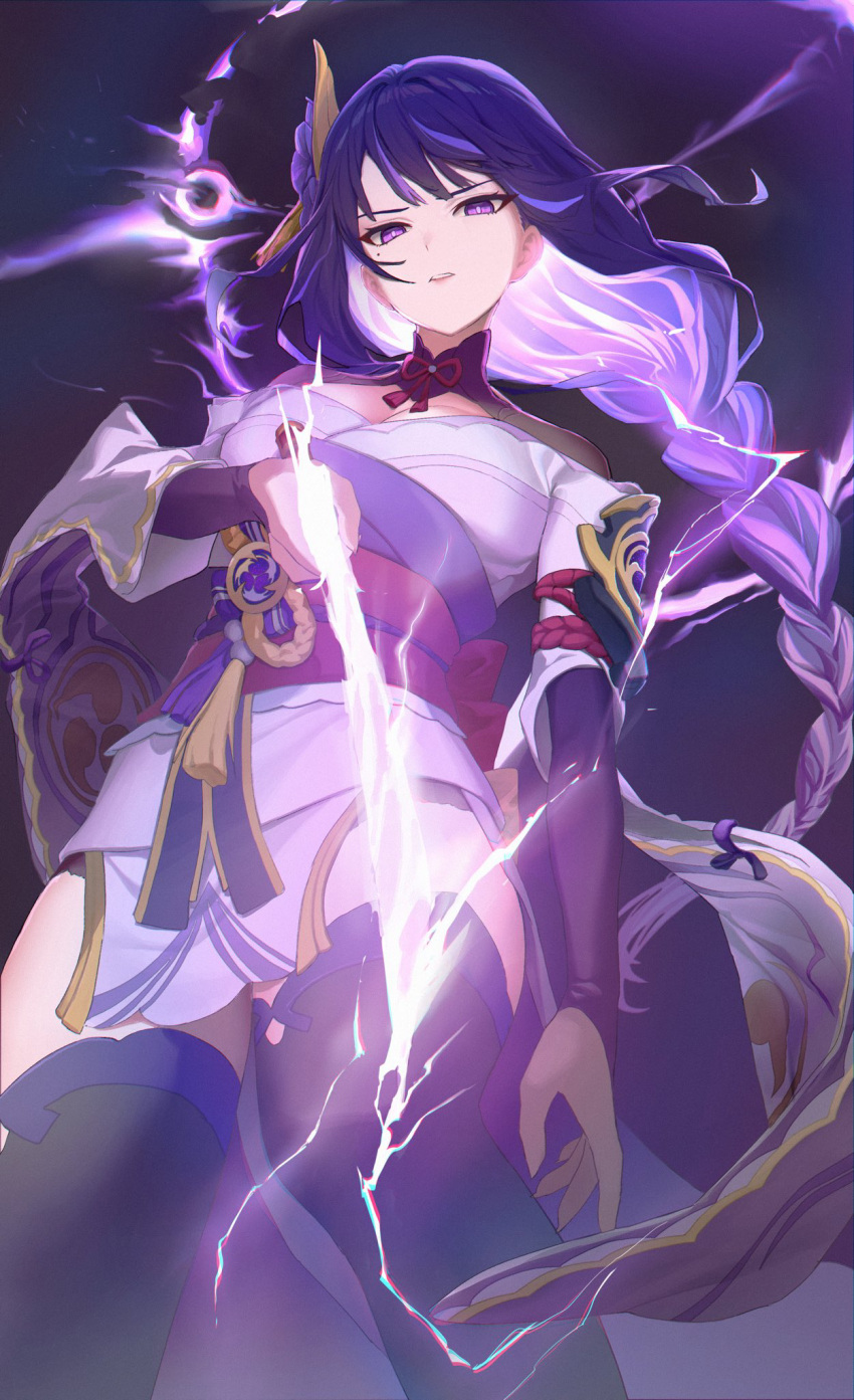 1girl armor braid breasts bridal_gauntlets commentary contrapposto electricity floating_hair flower from_below genshin_impact glowing glowing_sword glowing_weapon highres japanese_clothes kimono long_braid long_hair looking_at_viewer medium_breasts mole mole_under_eye obi obiage obijime parted_lips purple_background purple_eyes purple_flower purple_hair purple_kimono purple_thighhighs raiden_shogun ricin sash serious shoulder_armor shrug_(clothing) solo tassel thighhighs weapon