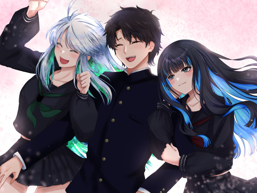 1boy 2girls black_hair blue_hair closed_eyes colored_inner_hair fate/grand_order fate_(series) fujimaru_ritsuka_(male) green_hair grey_eyes grey_hair highres kawairuka_ko kukulkan_(fate) multicolored_hair multiple_girls school_uniform tenochtitlan_(fate)