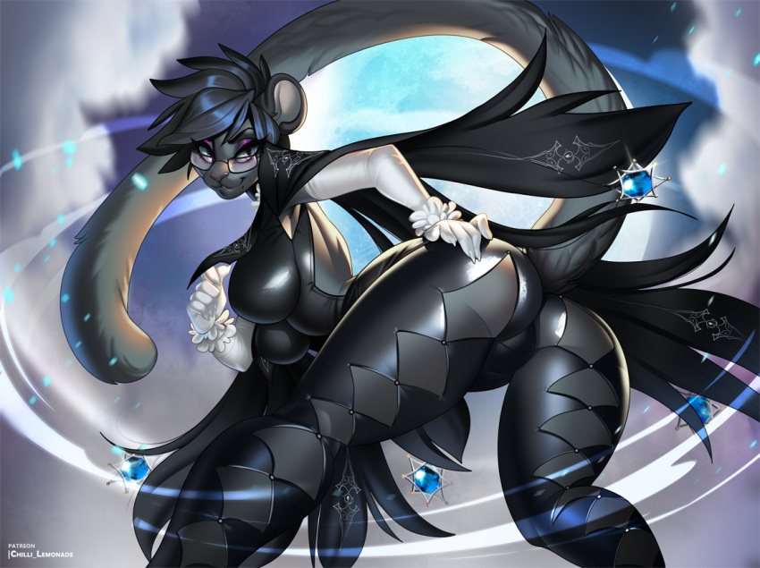 2023 anthro aomori armwear bayonetta bayonetta_(character) black_body black_fur black_hair breasts butt clothing elbow_gloves eyebrows eyelashes eyewear felid female fur glasses glistening glistening_clothing gloves grey_eyes hair hand_on_butt handwear mammal pantherine platinumgames short_hair solo