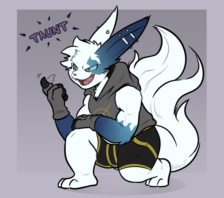 boxer_briefs claws clothed clothing crouching ear_piercing fangs fingerless_gloves flytermo2 generation_3_pokemon gloves handwear hi_res hoodie kato_(varuna) male markings nintendo piercing pokemon pokemon_(species) shiny_pokemon smile solo taunting teeth topwear underwear zangoose