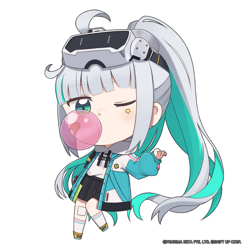 1girl ahoge aqua_eyes aqua_hair bandaid bandaid_on_cheek bandaid_on_face black_skirt blowing_bubbles blunt_bangs chewing_gum chibi commentary drawstring english_commentary epinel_(nikke) full_body goddess_of_victory:_nikke head-mounted_display high_ponytail highres hood hood_down hoodie long_hair long_sleeves looking_at_viewer multicolored_hair official_art one_eye_closed open_clothes outstretched_arm pleated_skirt puffy_long_sleeves puffy_sleeves side_ahoge skirt socks solo standing standing_on_one_leg star_(symbol) totatokeke two-tone_hair very_long_hair white_hoodie white_socks