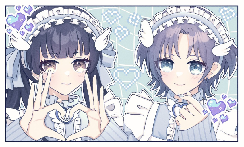 2girls asakura_toru black_hair blush center_frills distortion finger_heart fingernails frilled_hairband frills hairband heart heart_hands idolmaster idolmaster_shiny_colors jacket jersey_maid looking_at_viewer maid mayuzumi_fuyuko multiple_girls nail_polish pixel_heart purple_hair shiny_minto smile track_jacket twintails two_side_up unconventional_maid upper_body