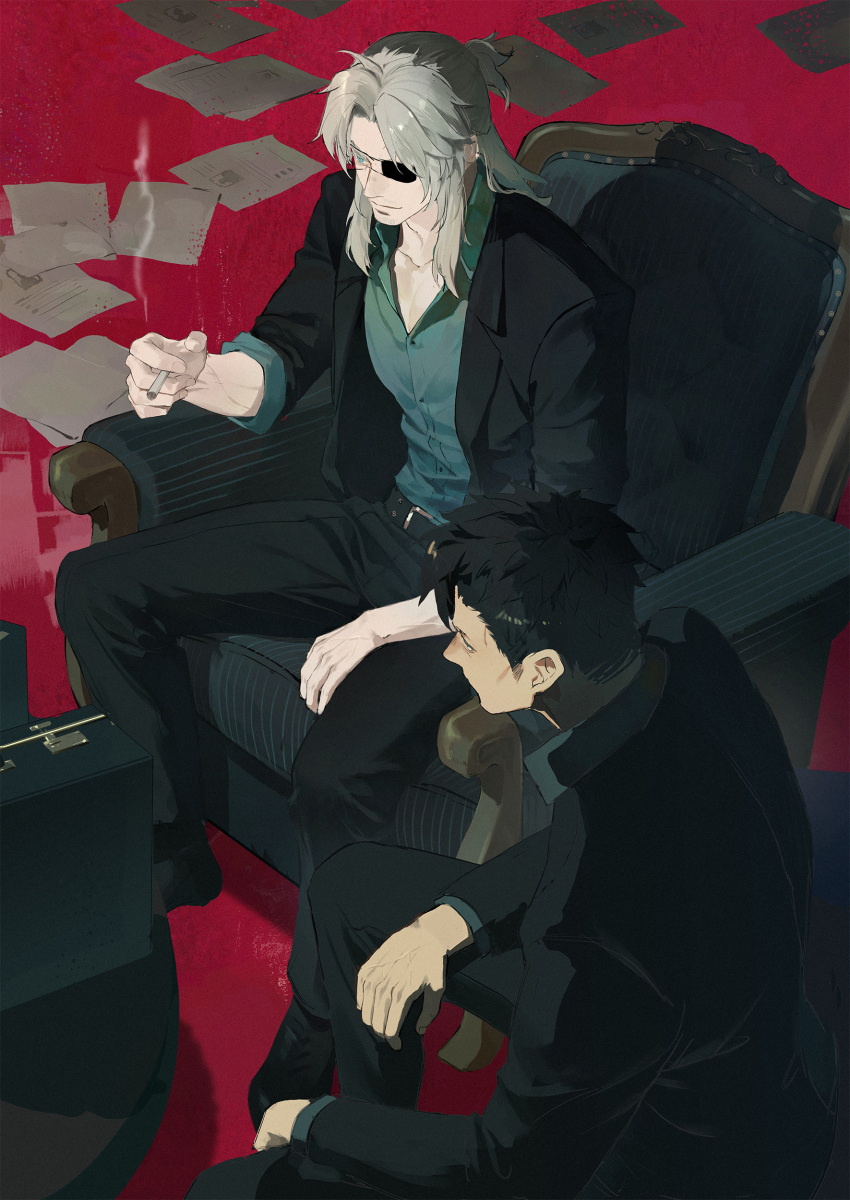 2boys absurdres anx87400528 black_hair briefcase cigarette couch eyepatch from_above gangsta highres male_focus mature_male multiple_boys nicolas_brown on_couch sitting smile smoke smoking tsurime worick_arcangelo