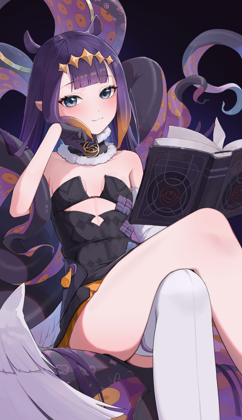 1girl bare_shoulders black_gloves book breasts commentary crossed_legs detached_sleeves dress feet_out_of_frame fur-trimmed_collar fur_trim gloves gradient_hair grey_eyes hand_up highres hololive hololive_english long_hair looking_at_viewer low_wings multicolored_hair ninomae_ina'nis ninomae_ina'nis_(1st_costume) open_book orange_hair purple_hair single_detached_sleeve single_thighhigh sitting small_breasts solo strapless strapless_dress tentacle_hair tentacles thighhighs tube_dress uohara_shinji virtual_youtuber white_thighhighs white_wings wings