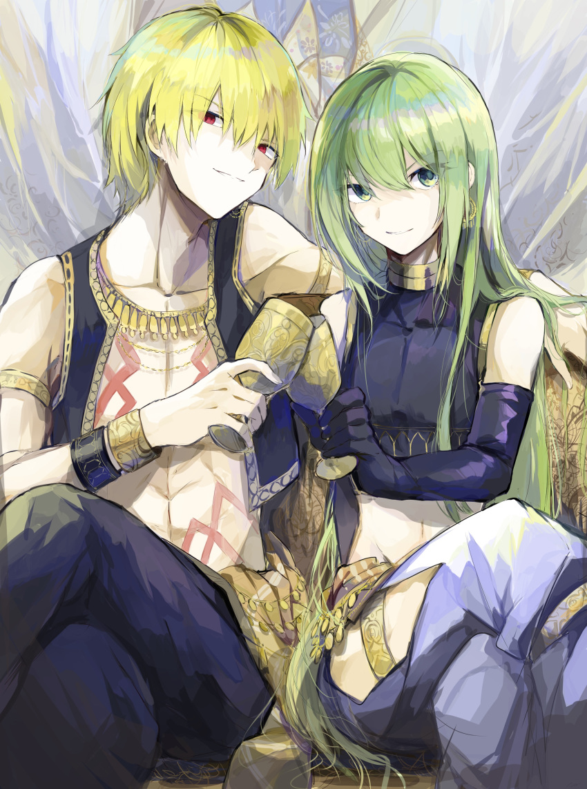 1boy 1other absurdres bare_shoulders black_gloves black_tank_top black_vest blonde_hair blue_pants bracer closed_mouth collarbone crossed_legs cup earrings elbow_gloves enkidu_(fate) ezu_(e104mjd) fate/grand_order fate_(series) gilgamesh_(fate) gloves gold_bracelet gold_earrings gold_necklace green_eyes green_hair hair_between_eyes highres holding holding_cup jewelry long_hair looking_at_viewer navel neck_ring necklace open_clothes open_vest pants red_eyes short_hair sidelocks sitting smile tank_top v-shaped_eyebrows vest