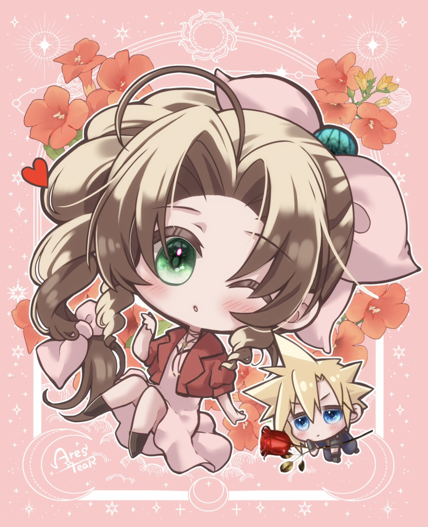 1boy 1girl aerith_gainsborough ahoge arestear0701 artist_name baggy_pants blonde_hair blue_eyes blush boots braid braided_ponytail brown_footwear brown_hair chibi choker cloud_strife colored_eyelashes cropped_jacket dress final_fantasy final_fantasy_vii final_fantasy_vii_rebirth final_fantasy_vii_remake floating flower flower_choker full_body green_eyes hair_between_eyes hair_bobbles hair_ornament hair_ribbon hand_on_own_face heart highres holding holding_flower jacket long_dress long_hair materia one_eye_closed pants parted_bangs pink_background pink_dress pink_ribbon puffy_short_sleeves puffy_sleeves red_flower red_jacket red_rose ribbon rose short_hair short_sleeves sidelocks single_braid sparkle spiked_hair