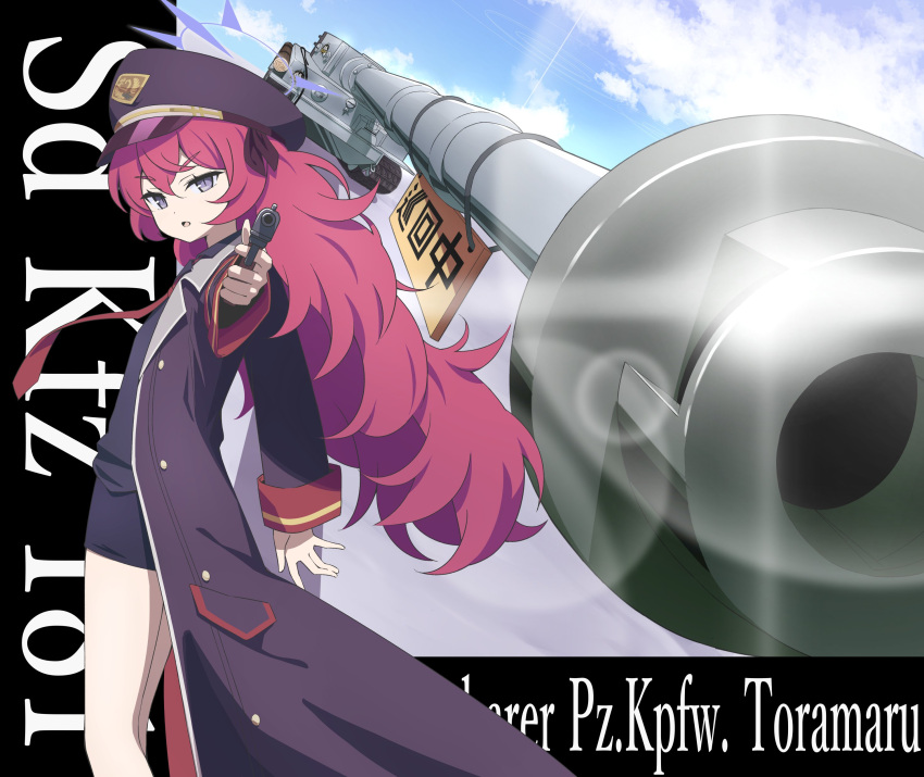 1girl absurdres aiming aiming_at_viewer aome812 black_coat black_hat black_shirt blue_archive blue_sky coat day grey_eyes gun hair_between_eyes halo handgun hat highres holding holding_gun holding_weapon iroha_(blue_archive) long_hair long_sleeves looking_at_viewer military_vehicle motor_vehicle open_clothes open_coat open_mouth peaked_cap purple_halo red_hair shirt sky solo tank tank_turret tiger_i weapon