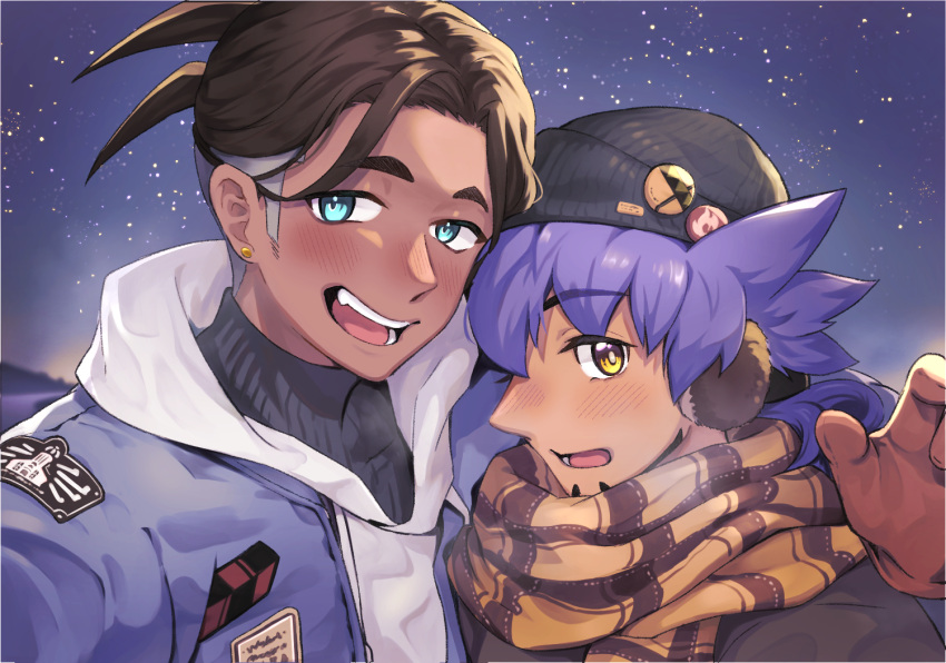 2boys beanie black_sweater blush bright_pupils brown_gloves brown_hair commentary_request dark-skinned_male dark_skin earmuffs earrings gloves hat jewelry leon_(pokemon) male_focus multiple_boys night open_mouth outdoors pokemon pokemon_swsh purple_hair raihan_(pokemon) scarf short_hair sky star_(sky) sweater teeth tongue undercut upper_body yellow_eyes yellow_scarf yunoru