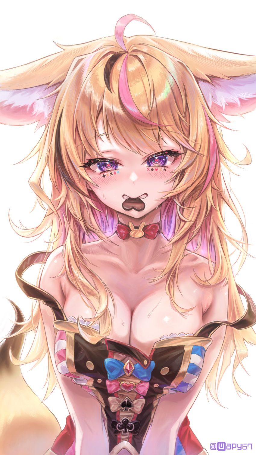 1girl absurdres animal_ear_fluff animal_ears antenna_hair bare_shoulders blonde_hair blush breasts candy chocolate choker cleavage collarbone colored_inner_hair facial_mark food fox_ears fox_girl fox_tail heart heart-shaped_chocolate heart-shaped_pupils highres hololive large_breasts long_hair messy_hair mouth_hold multicolored_hair no_headwear omaru_polka omaru_polka_(1st_costume) pink_hair purple_eyes solo strap_slip streaked_hair symbol-shaped_pupils tail twitter_username upper_body v_arms virtual_youtuber wuest