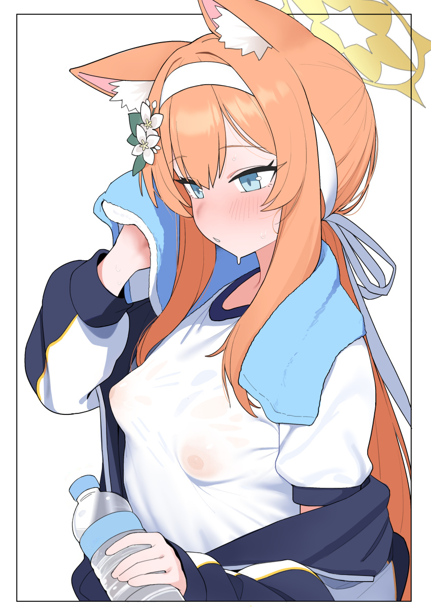 1girl absurdres animal_ear_fluff animal_ears blue_archive blue_eyes blush bottle breasts cat_ears cat_girl covered_nipples flower hair_flower hair_ornament halo headband highres jacket long_hair mari_(blue_archive) mari_(track)_(blue_archive) nipples no_bra open_clothes open_jacket orange_hair ponytail rong_hui see-through see-through_shirt shirt simple_background small_breasts solo sweat towel track_jacket water_bottle wet wet_clothes wet_shirt yellow_halo