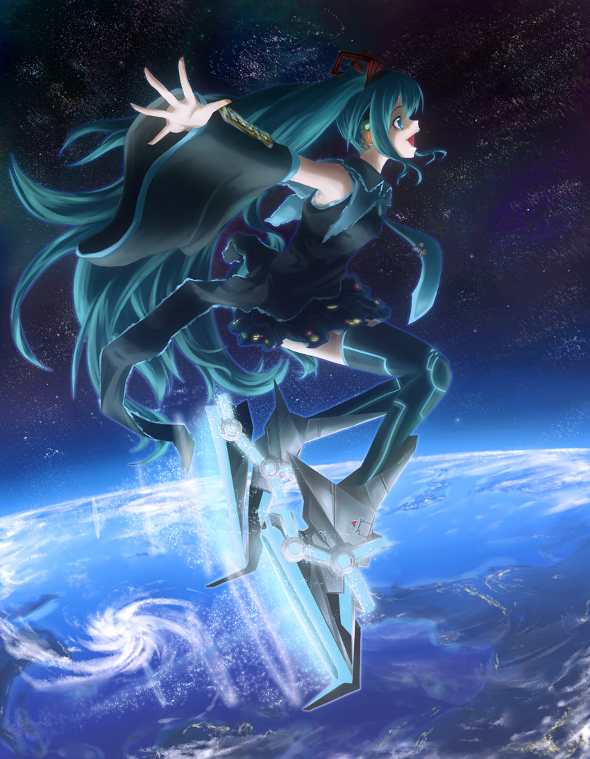 aqua_eyes aqua_hair arkas cloud detached_sleeves earth flying hatsune_miku highres long_hair ocean orbit solo space star thighhighs twintails very_long_hair vocaloid water