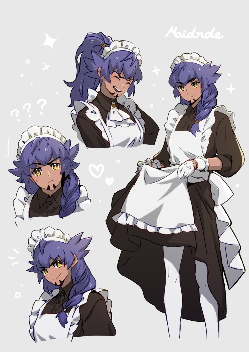 1boy ? ?? absurdres alternate_costume apron braid closed_mouth commentary_request crossdressing dark-skinned_male dark_skin enmaided facial_hair frills gloves grey_background hair_over_shoulder heart highres leon_(pokemon) maid maid_headdress male_focus multiple_views notice_lines pantyhose pokemon pokemon_swsh single_braid smile sparkle sweatdrop white_apron white_gloves white_pantyhose yellow_eyes yunoru