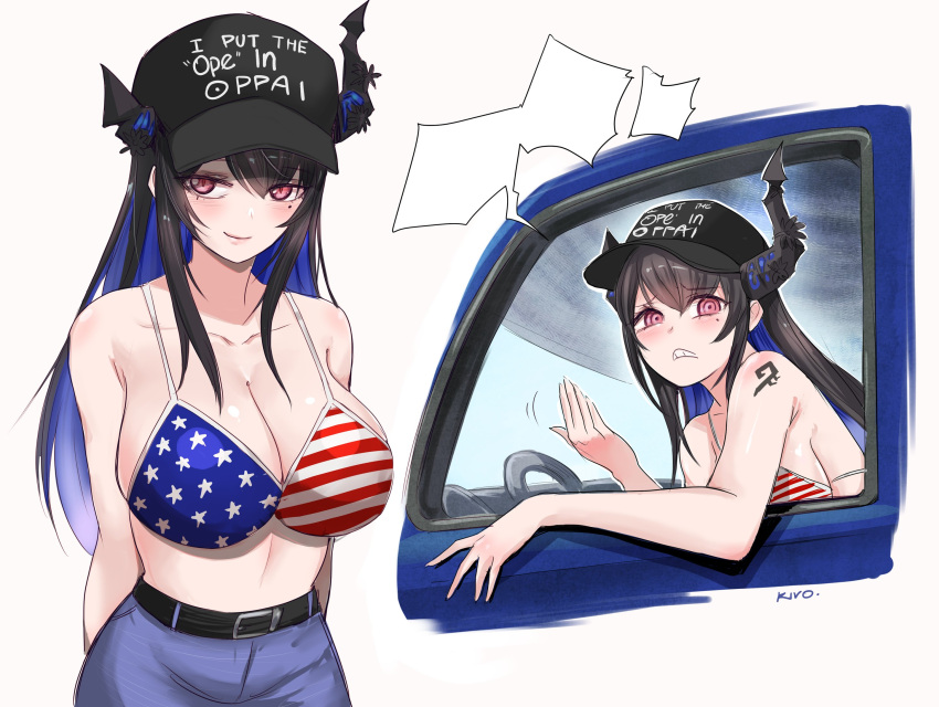 american_flag_bikini asymmetrical_horns belt bikini black_hair blank_speech_bubble blue_hair breasts colored_inner_hair demon_horns denim denim_skirt driving flag_print highres hololive hololive_english horns kivo large_breasts long_hair mole mole_under_eye motor_vehicle multicolored_hair nerissa_ravencroft red_eyes scowl skirt smile speech_bubble swimsuit truck virtual_youtuber