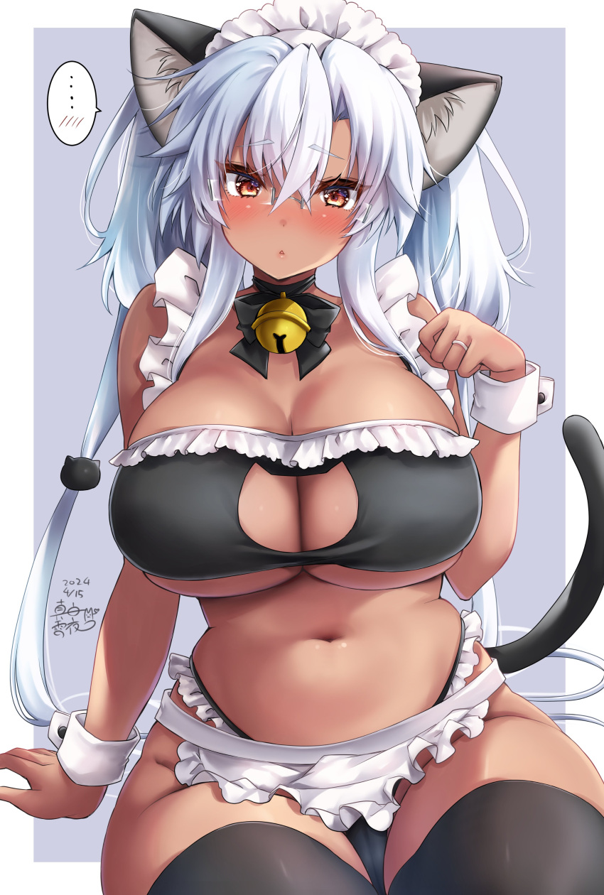 ... 1girl absurdres alternate_costume animal_ears apron bell black_bra black_panties black_thighhighs bra breasts brown_eyes cat_ears cat_tail cleavage_cutout clothing_cutout dark-skinned_female dark_skin enmaided fake_animal_ears fake_tail frilled_apron frills glasses grey-framed_eyewear grey_hair hair_between_eyes highres huge_breasts jewelry kantai_collection long_hair looking_at_viewer maid maid_apron maid_headdress mashiro_yukiya musashi_(kancolle) musashi_kai_ni_(kancolle) navel neck_bell panties rectangular_eyewear ring semi-rimless_eyewear sitting solo speech_bubble spoken_blush spoken_ellipsis tail thighhighs twintails underwear very_long_hair waist_apron wedding_ring white_apron white_wrist_cuffs wrist_cuffs