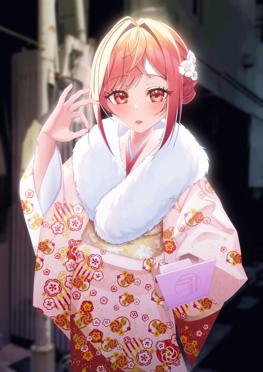 1girl absurdres alternate_costume alternate_hairstyle blush commentary_request cowboy_shot fingernails floral_print floral_print_kimono flower fur_scarf furisode hair_bun hair_flower hair_intakes hair_ornament hatsumoude highres hololive hololive_dev_is ichijou_ririka inukai_nagisa japanese_clothes kimono long_fingernails long_hair long_sleeves looking_at_viewer multicolored_hair nail_polish new_year obi open_mouth orange_eyes orange_hair outdoors parted_lips pink_kimono playing_with_own_hair print_kimono red_nails sash sidelocks single_side_bun smile solo swept_bangs two-tone_hair virtual_youtuber wide_sleeves