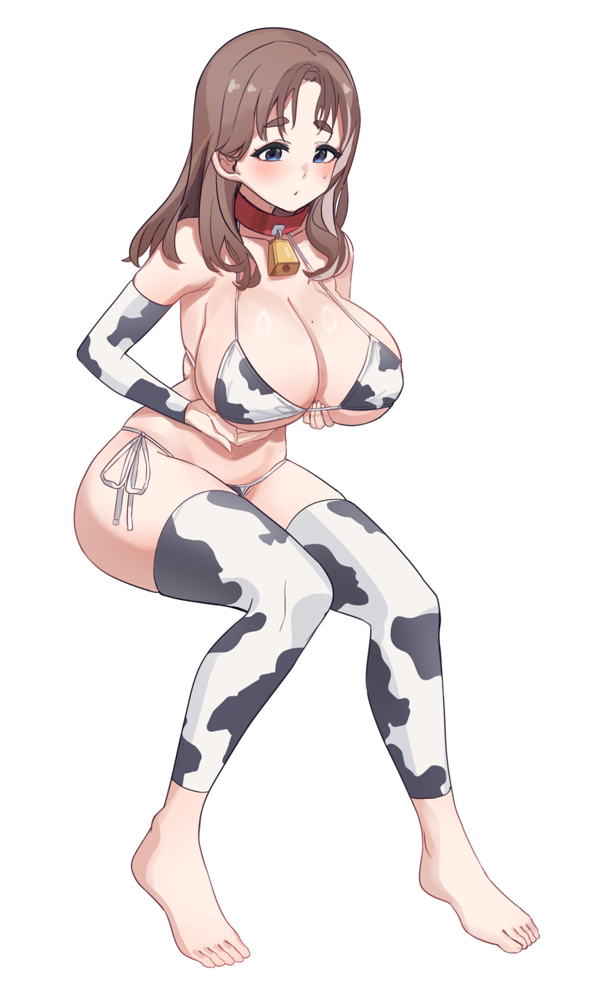 1girl absurdres animal_print aningay bare_shoulders barefoot bell bikini blue_eyes breasts bridal_gauntlets brown_hair collar collarbone copyright_request cow_print detached_leggings full_body highres large_breasts long_hair mole mole_on_breast neck_bell parted_bangs print_bikini red_collar short_eyebrows side-tie_bikini_bottom simple_background sitting solo swimsuit thick_eyebrows white_background