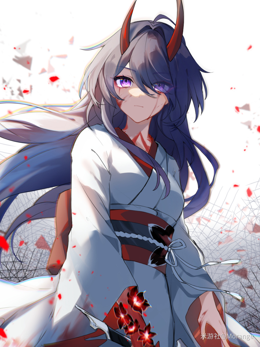 1girl acheron_(honkai:_star_rail) blood blood_on_clothes blood_on_face flower hair_over_one_eye highres holding holding_sword holding_weapon honkai:_star_rail honkai_(series) horns japanese_clothes kimono long_hair looking_at_viewer mangzhi_yaoyao obi official_alternate_costume purple_eyes purple_hair red_flower red_sash sash solo sword weapon white_kimono