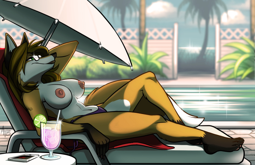 adriofthedead alcohol anthro areola beach_umbrella beverage big_breasts bikini_bottom_only biped breasts brown_hair brown_markings canid canine casual_nudity cellphone chair claws clothed clothing cocktail cocktail_garnish container countershade_face countershade_legs countershade_neck countershade_thighs countershade_torso countershading cup dipstick_tail drinking_glass electronics eyewear female finger_claws fox fur furniture glass glass_container glass_cup glasses gloves_(marking) green_eyes hair leg_markings lounge_chair lounging lower_lip lying mammal markings multicolored_body multicolored_fur navel nipples orange_body orange_fur outside palm_tree parasol phone pink_areola pink_nipples plant purple_bikini_bottom relaxing resting smile socks_(marking) solo swimming_pool table tail tail_markings toe_claws topless tree wearing_glasses white_body white_countershading white_fur white_inner_ear white_tail_tip white_umbrella