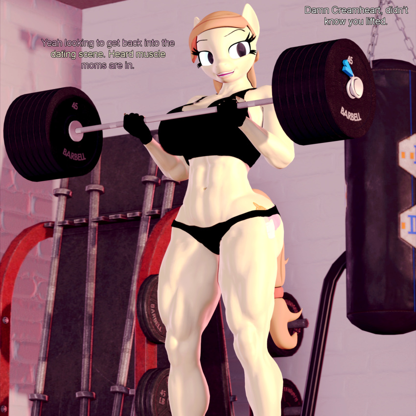 1:1 2024 3d_(artwork) abs anthro anthrofied barbell big_breasts bottomwear breasts brown_hair brown_tail clothed clothing cream_heart_(mlp) crop_top curvy_figure cutie_mark detailed_background dialogue digital_media_(artwork) earth_pony english_text equid equine exercise eyelashes female fingerless_gloves fluffy fluffy_tail fur gloves hair handwear hasbro hi_res horse hotpants inside long_tail mammal mature_anthro mature_female muscular muscular_anthro muscular_female muscular_thighs my_little_pony open_mouth open_smile pony shirt shorts skimpy smile solo source_filmmaker tail tan_body tan_fur text themanwithaquest thick_thighs topwear voluptuous weightlifting wide_hips workout