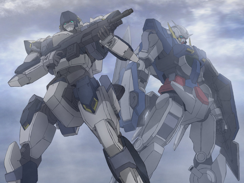 arm_blade arm_slave_(mecha) arx-7_arbalest crossover fog full_metal_panic! gun gundam gundam_00 gundam_exia highres holding holding_gun holding_shield holding_weapon mecha mecha_focus mecha_kaku_man mobile_suit no_humans pump_action robot shield shotgun v-fin weapon