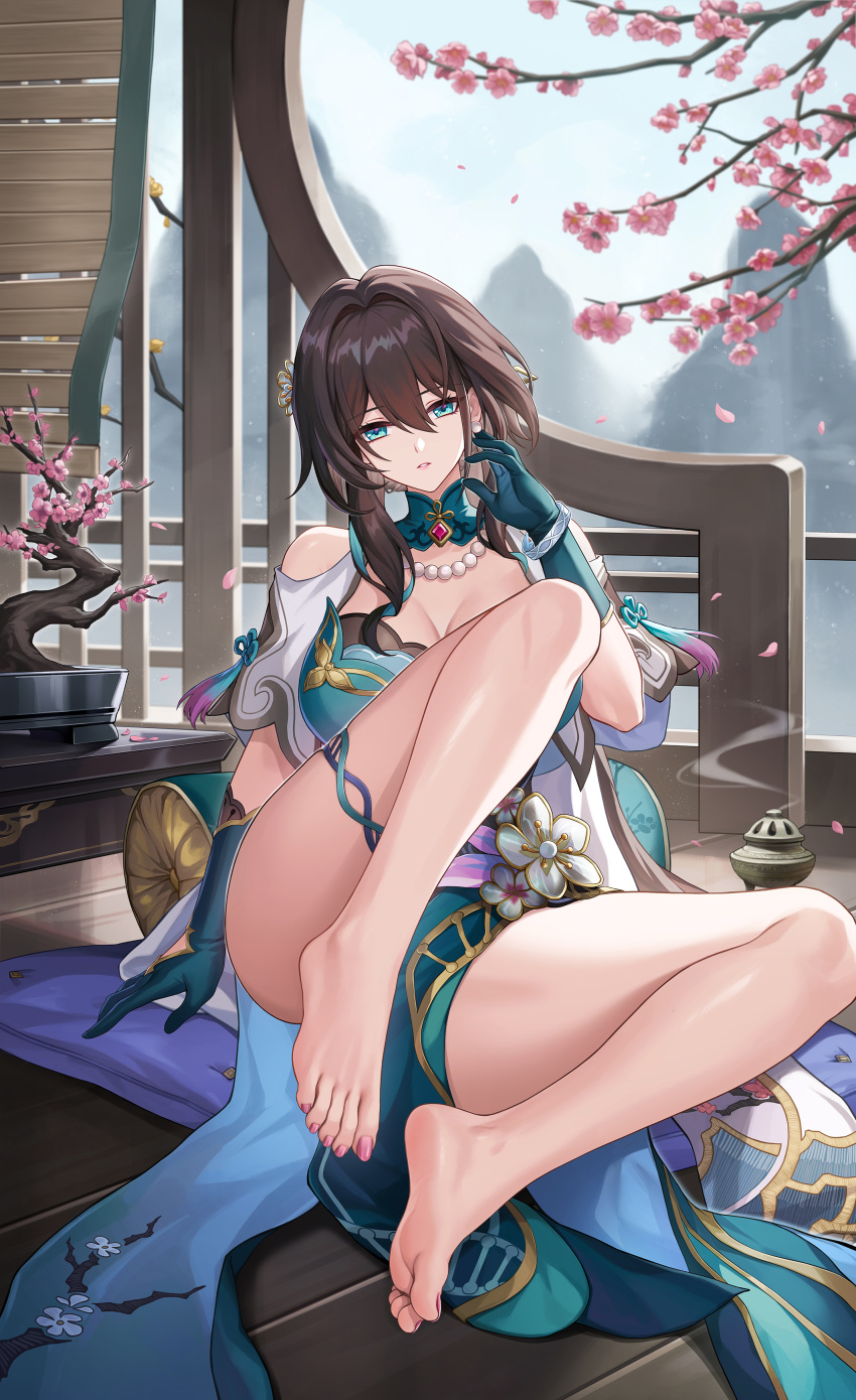 1girl absurdres bare_legs bare_shoulders barefoot breasts brown_dress brown_hair cherry_blossoms cleavage detached_collar dress elbow_gloves feet gloves gold_trim green_dress green_eyes green_gloves hair_ornament highres honkai:_star_rail honkai_(series) incense_burner jewelry kacyu large_breasts legs long_hair looking_at_viewer nail_polish necklace pearl_necklace pelvic_curtain ponytail ruan_mei_(honkai:_star_rail) sidelocks sitting soles solo thigh_strap toenail_polish toenails toes two-tone_dress variant_set