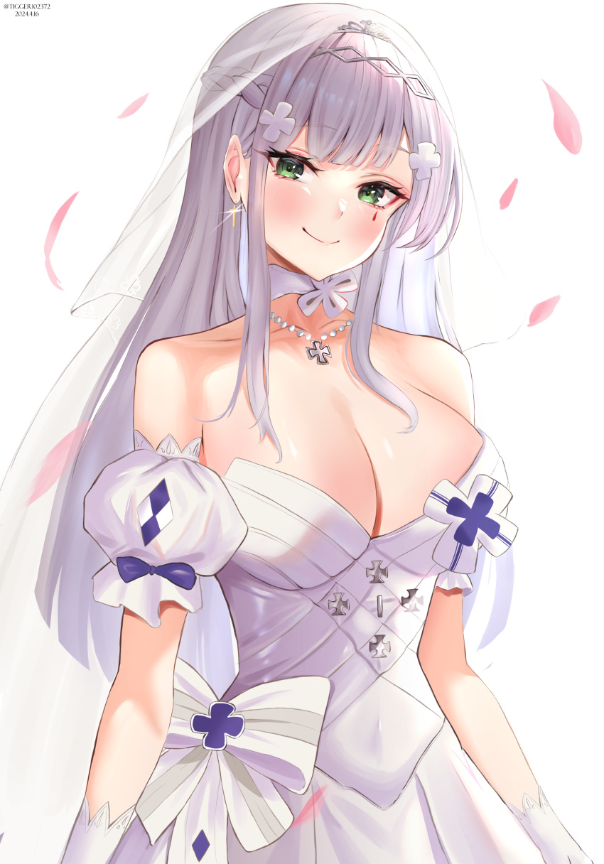 1girl absurdres blush braid breasts bridal_veil choker cleavage cross cross_earrings cross_hair_ornament dated dress earrings falling_petals french_braid girls'_frontline gloves green_eyes grey_hair hair_ornament highres hk416_(girls'_frontline) jewelry large_breasts long_hair looking_at_viewer necklace official_alternate_costume petals pink_petals simple_background smile solo teardrop_facial_mark teardrop_tattoo tiara tigger_drawing twitter_username upper_body veil wedding_dress white_background white_choker white_dress white_gloves