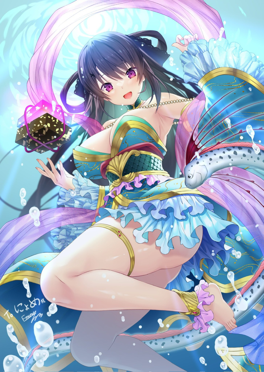 1girl 2024 :d air_bubble alternate_costume alternate_hairstyle ao_no_kanata_no_four_rhythm aqua_dress bare_shoulders barefoot black_hair black_ribbon blush box breasts bubble choker commentary_request commission cosplay curvy dated_commentary detached_sleeves dress eel emanon123 feet floating_hair foot_out_of_frame frilled_dress frilled_sleeves frills green_choker hair_between_eyes hair_bobbles hair_ornament hair_ribbon hands_up happy highres japanese_mythology large_breasts legs long_hair looking_at_viewer open_mouth otohime otohime_(cosplay) pink_shawl purple_eyes ribbon scale_print second-party_source shawl short_dress sidelocks skeb_commission smile solo strapless strapless_dress thick_thighs thigh_strap thighs tobisawa_misaki toenails toes underwater wide_sleeves x_hair_ornament