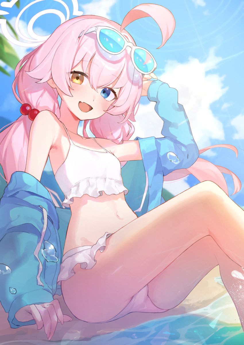 1girl ahoge armpits bare_legs bare_shoulders beach bikini blue_archive blue_jacket blue_sky blush bra cloud cloudy_sky collarbone fang flat_chest frilled_bikini frilled_bra frilled_panties frills hair_tie halo heterochromia highres hoshino_(blue_archive) hoshino_(swimsuit)_(blue_archive) jacket long_hair looking_at_viewer looking_down mia_cbx navel off_shoulder open_clothes open_jacket palm_tree panties pantyshot pink_hair pink_halo sky sleeves_past_wrists solo splashing sunglasses swimsuit tree underwear water_drop white_panties