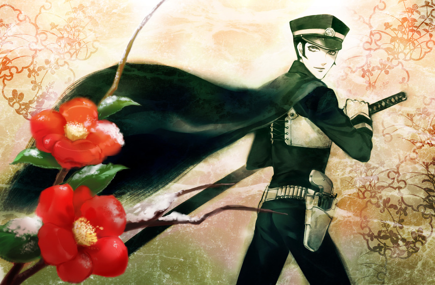 artist_request camellia cape devil_summoner flower gun hat kuzunoha_raidou male_focus shako_cap solo sword weapon