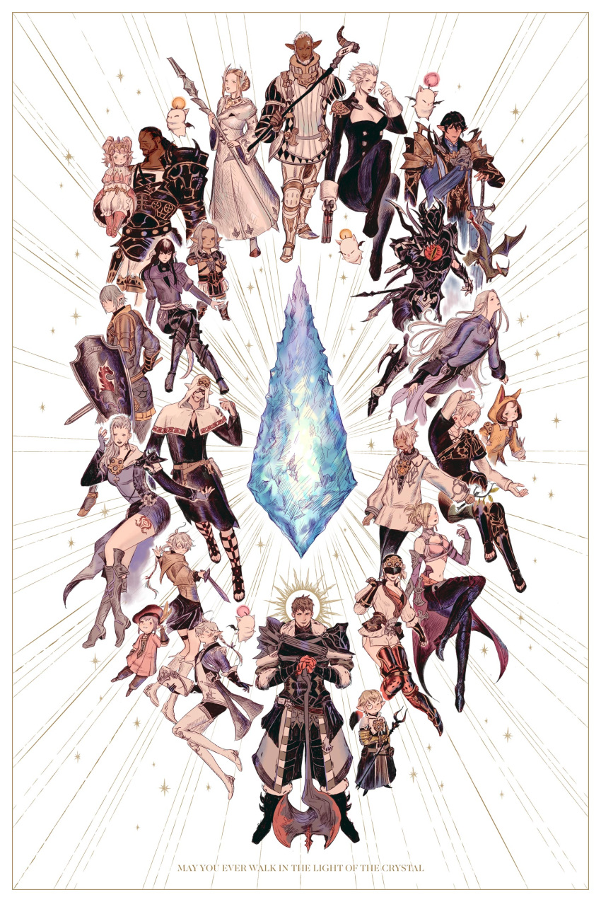 6+girls absolutely_everyone absurdres alisaie_leveilleur alphinaud_leveilleur ardbert_hylfyst armor axe aymeric_de_borel capelet carrying carrying_person crystal dragon dragoon_(final_fantasy) elezen elf english_text estinien_varlineau everyone final_fantasy final_fantasy_xiv floating full_armor full_body halo halo_behind_head haurchefant_greystone highres holding holding_shield holding_staff holding_weapon hood hood_up hooded_capelet hydaelyn hyur kan-e-senna krile_mayer_baldesion_(ff14) lalafell lizardtown looking_at_viewer louisoix_leveilleur merlwyb_bloefhiswyn midgardsormr minfilia_warde miqo'te moenbryda_wilfsunnwyn moogle multiple_girls nanamo_ul_namo papalymo_totolymo pipin_tarupin pointy_ears raubahn_aldynn roegadyn shield simple_background staff standing tataru_taru thancred_waters warrior_(final_fantasy) weapon white_background white_capelet y'shtola_rhul yda_hext ysayle_dangoulain yugiri_mistwalker