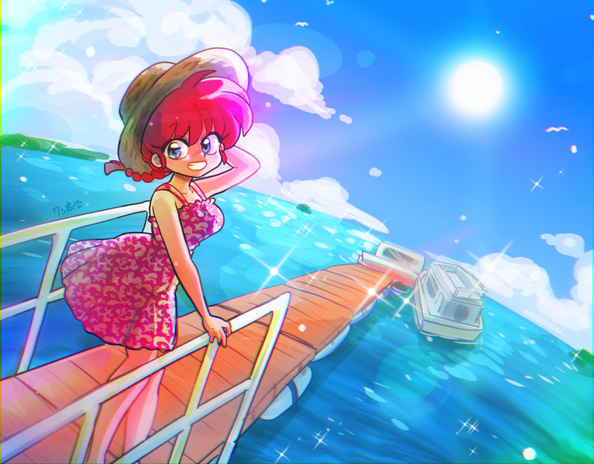 1girl blue_eyes boat braid braided_ponytail cloud dock dress genderswap genderswap_(mtf) grin hand_on_own_head hand_on_railing hat island looking_at_viewer ocean outdoors pink_dress ranma-chan ranma_1/2 red_hair saotome_ranma shining signature sky smile straw_hat sun sundress sunlight wanta_(futoshi) watercraft