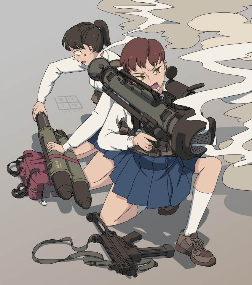 2girls b&amp;t_apc blue_skirt brown_hair carl_gustaf_recoilless_rifle chest_rig dated etmc1992 gun highres multiple_girls original panicking reloading rocket_launcher school_uniform shadow shirt skirt smoke smoking_gun squatting tactical_clothes uniform weapon white_shirt yellow_eyes