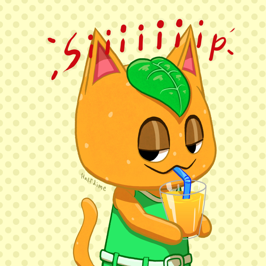 1:1 animal_crossing anthro beverage clothing container cup domestic_cat dress felid feline felis female fur glass glass_container glass_cup green_clothing green_dress half_dime hi_res juice_(beverage) leaf looking_at_viewer mammal nintendo orange_body orange_fur orange_juice sipping smug smug_face solo straw_in_mouth tail tangy_(animal_crossing)