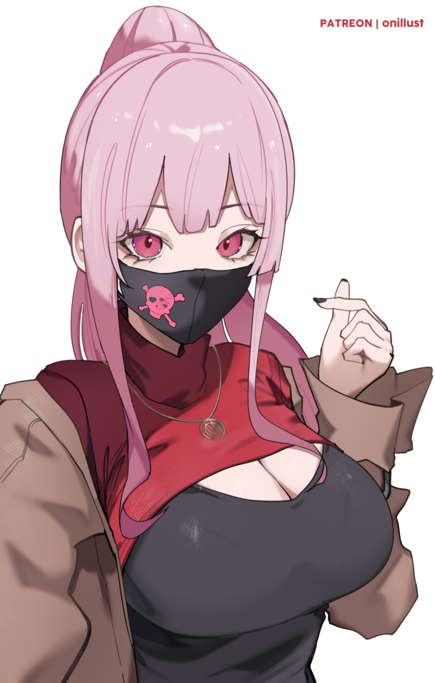 1girl black_mask black_nails black_shirt breasts brown_jacket cleavage commentary english_commentary fingernails high_ponytail highres hololive hololive_english jacket large_breasts long_hair looking_at_viewer mask mori_calliope mouth_mask nail_polish o22no pink_eyes pink_hair red_sweater shirt simple_background solo sweater virtual_youtuber white_background