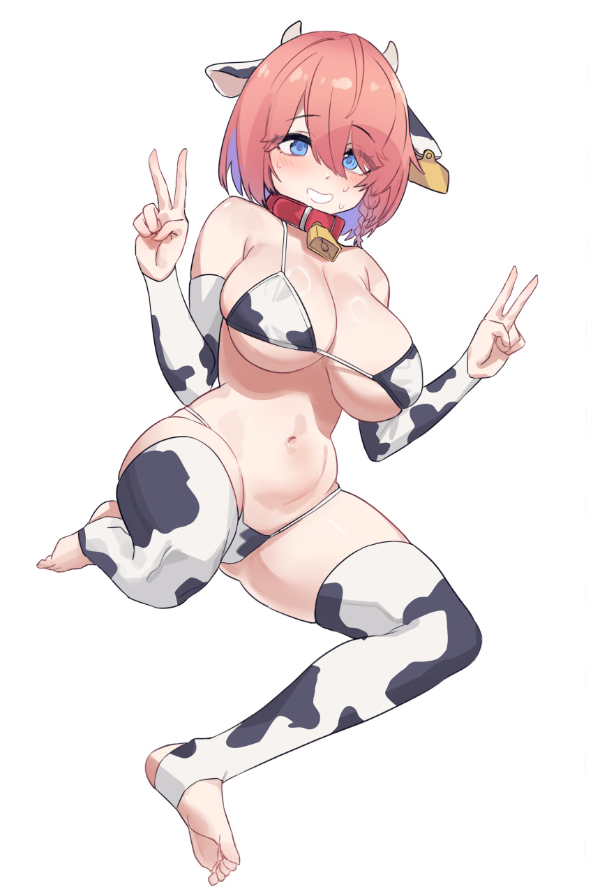 1girl absurdres animal_ears animal_print aningay bare_shoulders bell bikini blue_eyes braid breasts collar copyright_request cow_ears cow_horns cow_print detached_sleeves double_v eyes_visible_through_hair full_body highres horns large_breasts long_sleeves multicolored_hair navel neck_bell no_shoes pink_hair print_bikini purple_hair red_collar simple_background single_braid solo stirrup_legwear streaked_hair swimsuit toeless_legwear v white_background