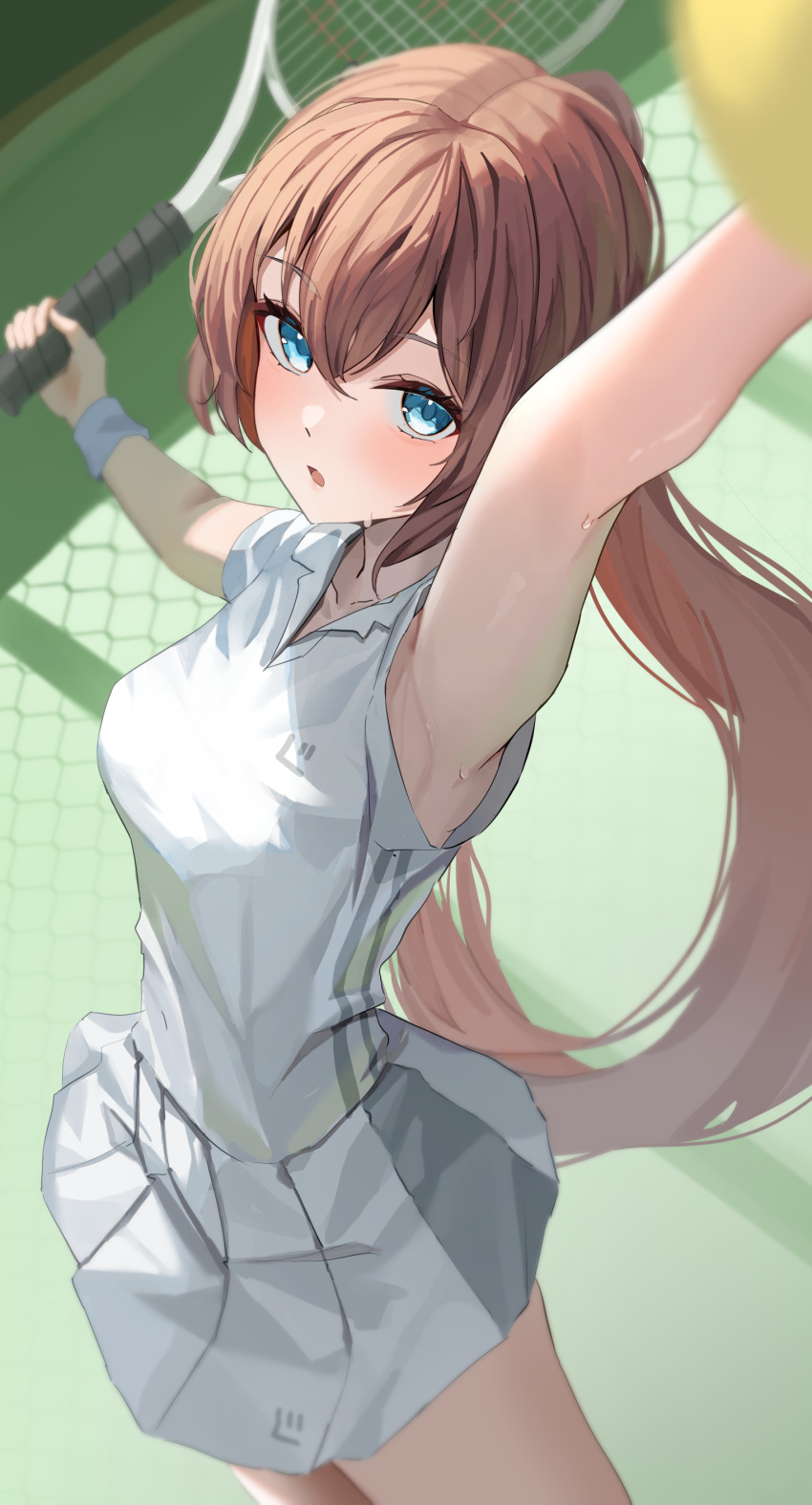 1girl absurdres arm_up armpit_peek armpits blue_eyes brown_hair commentary_request cowboy_shot expressionless from_side guree_(haiiro) highres holding holding_racket long_hair looking_at_viewer looking_to_the_side miniskirt original parted_lips racket shirt short_sleeves skirt solo sportswear sweat tennis tennis_racket tennis_uniform up_sleeve white_shirt white_skirt