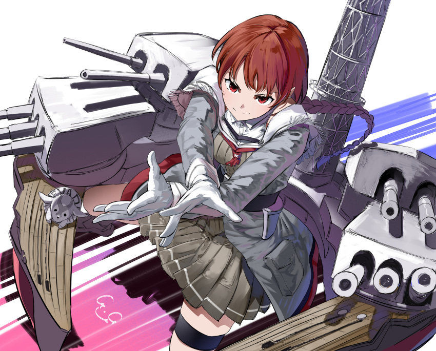 1girl absurdres adapted_turret blush braid breasts cannon dress gegeron gloves goat grey_dress highres kantai_collection large_breasts long_hair long_sleeves looking_at_viewer machinery mast nevada_(kancolle) red_eyes red_hair rigging signature smile solo thighhighs turret white_background white_gloves