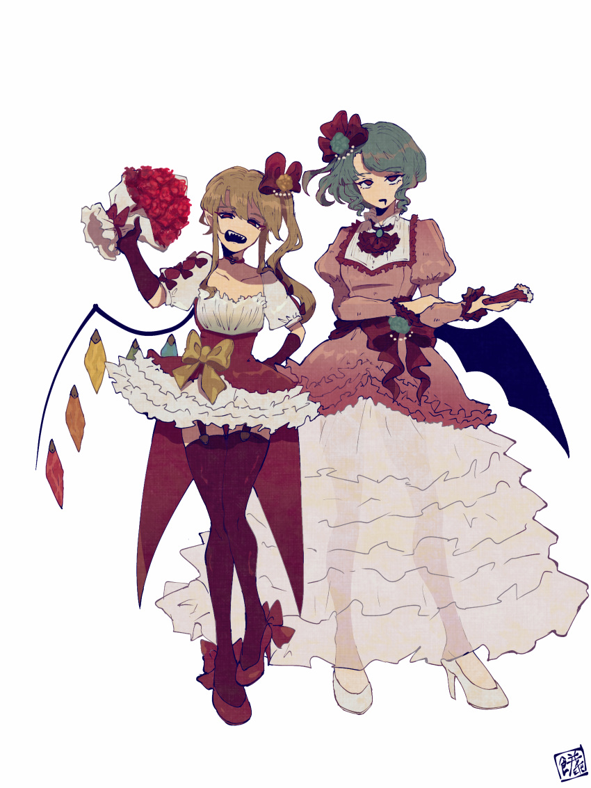 2girls absurdres adapted_costume alternate_costume angry bat_wings blonde_hair blue_hair bouquet bow breasts cleavage collarbone crystal dress fangs flandre_scarlet flower folded_fan folding_fan frills full_body garter_straps hair_bow hair_ribbon hand_fan hat hat_ribbon high_collar high_heels highres holding holding_bouquet long_dress long_sleeves medium_hair miniskirt multicolored_wings multiple_girls no_headwear one_side_up open_mouth pink_dress pointy_ears puffy_short_sleeves puffy_sleeves red_bow red_eyes red_ribbon red_skirt remilia_scarlet ribbon rose see-through sharp_teeth shirt short_hair short_sleeves siblings simple_background sisters skirt sokura_(mochichitose) teeth thighhighs touhou upper_teeth_only white_background white_shirt wings yellow_bow