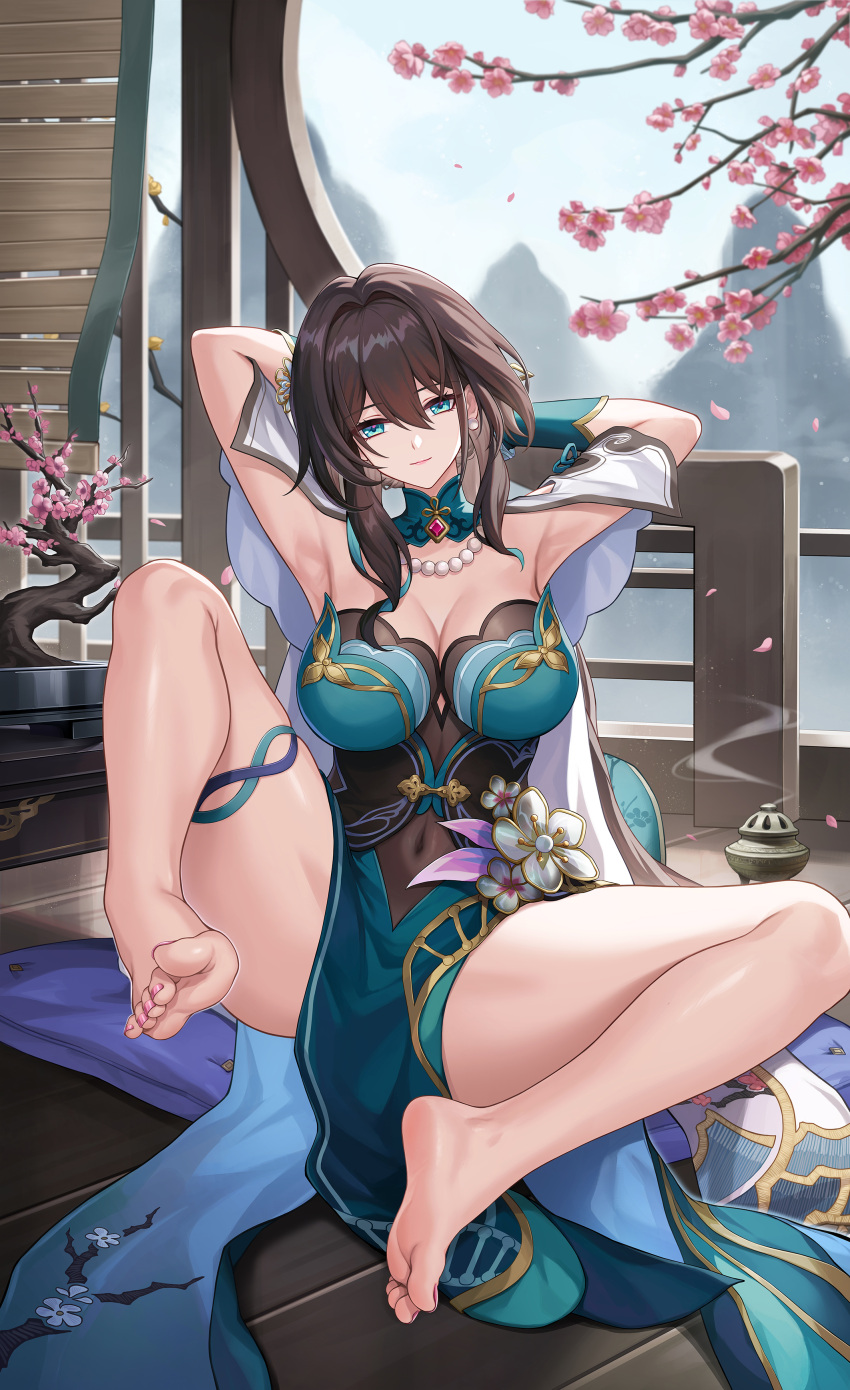 1girl absurdres armpits arms_behind_head arms_up bare_legs bare_shoulders barefoot breasts brown_dress brown_hair cherry_blossoms cleavage covered_navel detached_collar dress elbow_gloves feet gloves gold_trim green_dress green_eyes green_gloves hair_ornament highres honkai:_star_rail honkai_(series) incense_burner jewelry kacyu large_breasts legs long_hair looking_at_viewer nail_polish necklace pearl_necklace pelvic_curtain ponytail ruan_mei_(honkai:_star_rail) sidelocks sitting soles solo spread_legs toenail_polish toenails toes two-tone_dress variant_set