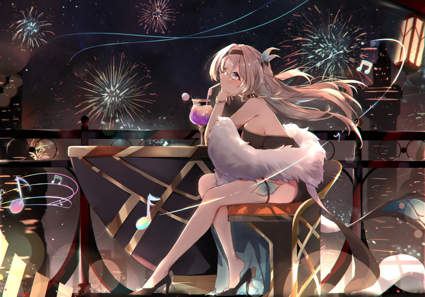 1girl absurdres alternate_costume backless_dress backless_outfit bare_back bare_legs bare_shoulders black_dress black_footwear black_hairband commentary cupping_glass dress drinking_straw elphe feather_boa firefly_(honkai:_star_rail) fireworks from_side grey_hair hairband high_heels highres honkai:_star_rail honkai_(series) long_hair night night_sky outdoors purple_eyes sky solo