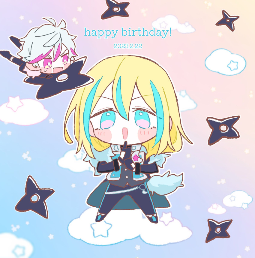 2boys :d black_footwear black_gloves black_jacket black_pants blonde_hair blue_eyes blue_hair chibi cloud commentary_request fang full_body gloves hair_between_eyes happy_birthday highres idol_land_pripara jacket kuji-in long_hair long_sleeves looking_at_viewer male_focus mini_person miniboy multicolored_hair multiple_boys on_cloud ooedo_shinya open_mouth pants pink_eyes pink_hair poro_(pweedro) pretty_series pripara short_hair shuriken sky smile solo_focus standing streaked_hair sweatdrop ushimitsu_(pripara) weapon