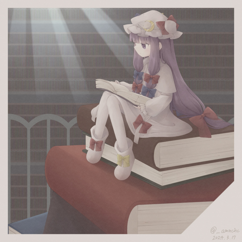 1girl amano_choco blunt_bangs book book_stack bookshelf boots bow capelet crescent crescent_hat_ornament dress footwear_bow full_body hair_bow hat hat_bow hat_ornament highres holding holding_book library light_rays long_hair long_sleeves mini_person minigirl mob_cap multiple_hair_bows patchouli_knowledge purple_eyes purple_hair reading sitting solo sunlight touhou very_long_hair